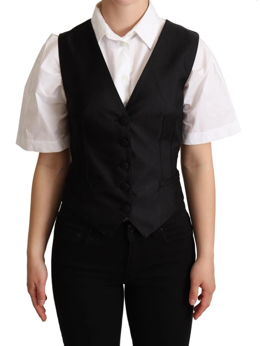Solid Black Silk Sleeveless Waistcoat Vest Top