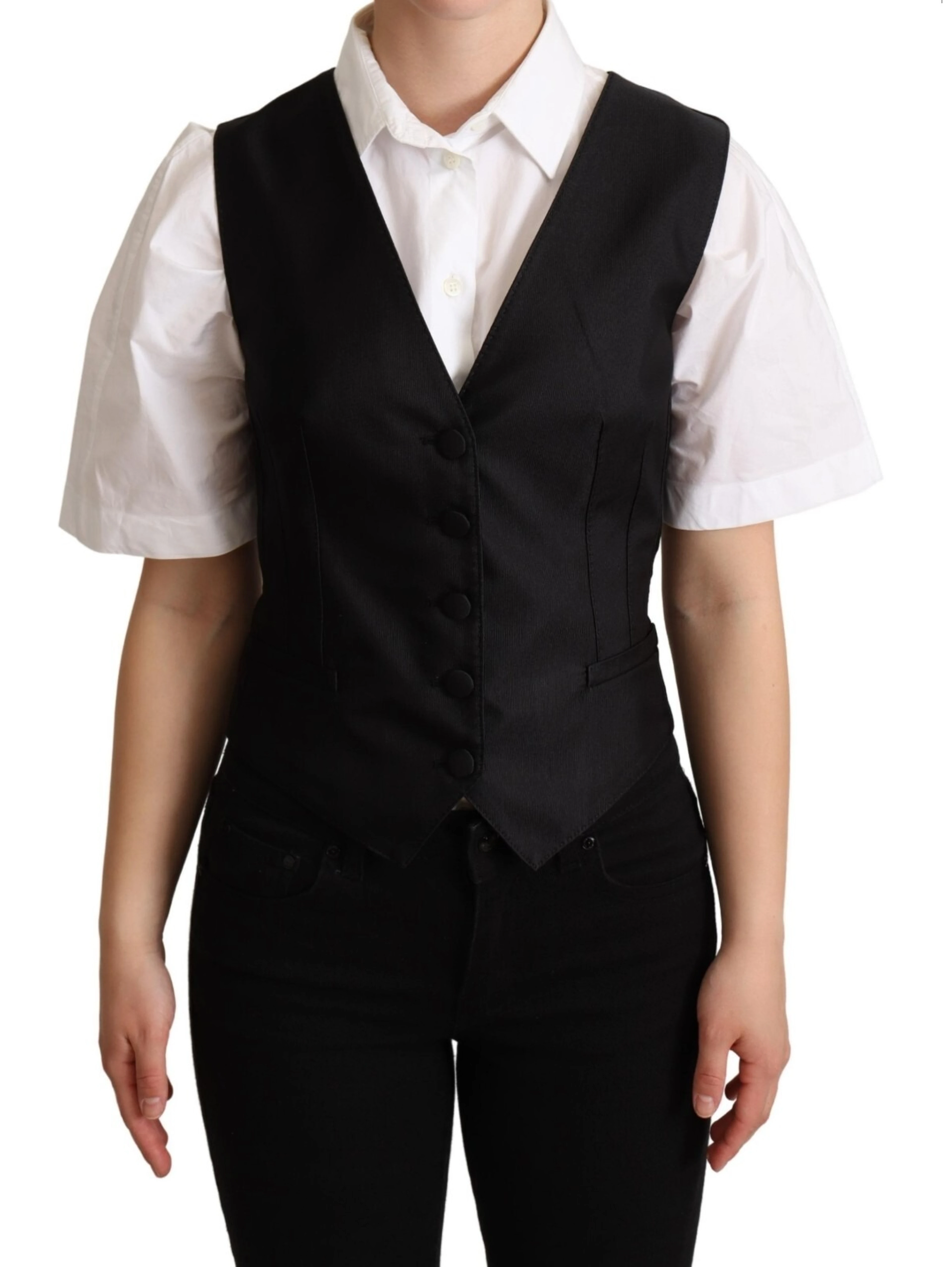 Solid Black Silk Sleeveless Waistcoat Vest Top