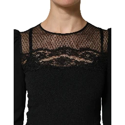 Black Lace Sheer Panel Midi Long Sleeve  Dress