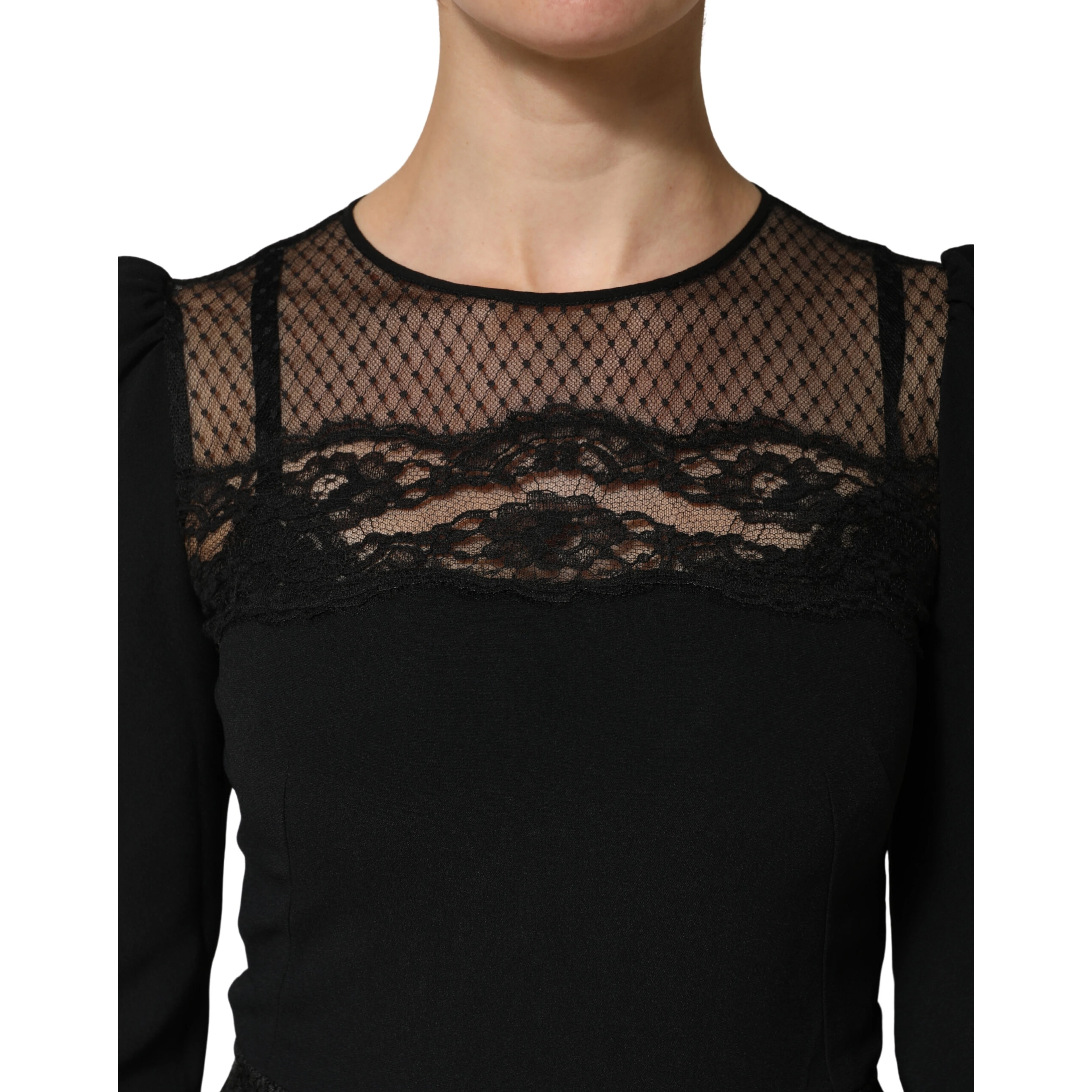 Black Lace Sheer Panel Midi Long Sleeve  Dress