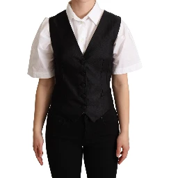 Solid Black Silk Sleeveless Waistcoat Vest Top