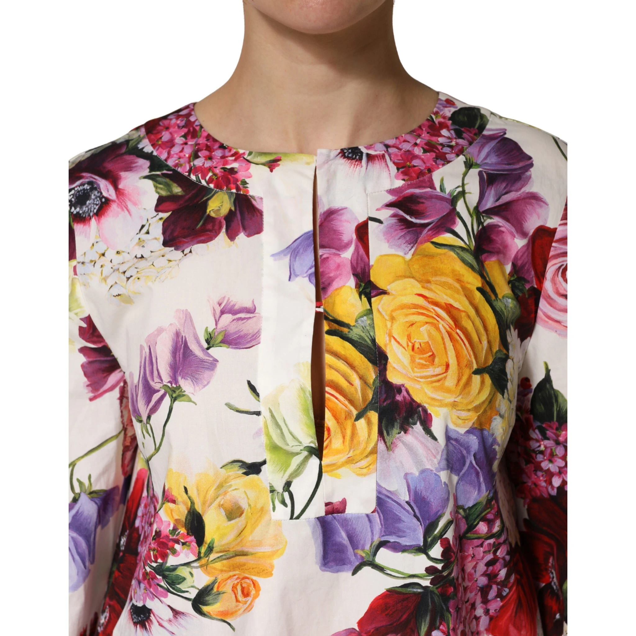 Multicolor Floral Cotton Longsleeves Midi Dress