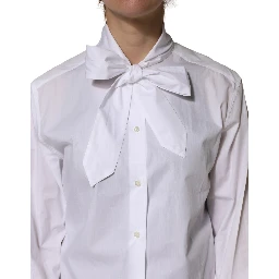 White Cotton Bow Tie Long Sleeves Blouse Top