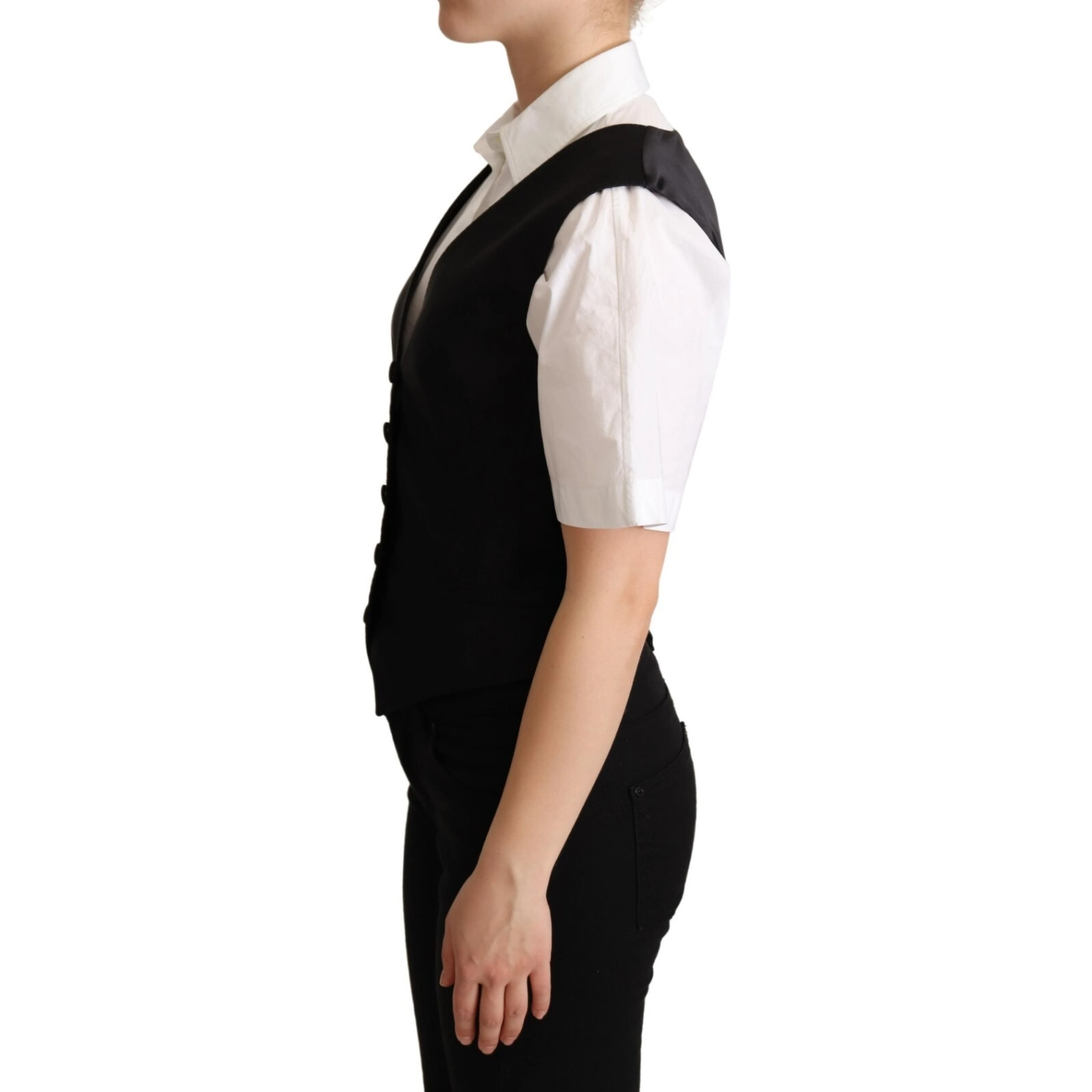 Solid Black Silk Sleeveless Waistcoat Vest Top