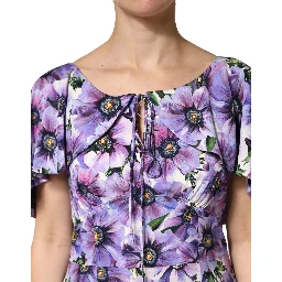 Purple Floral Silk Stretch Elegant Gown  Dress