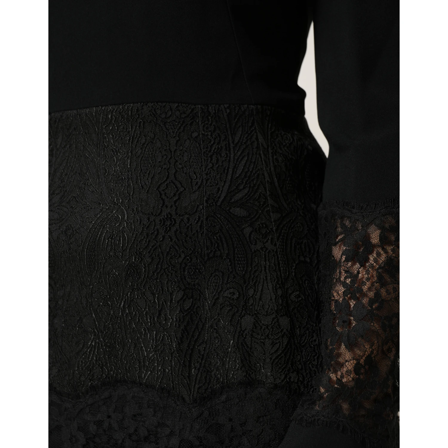 Black Lace Sheer Panel Midi Long Sleeve Dress