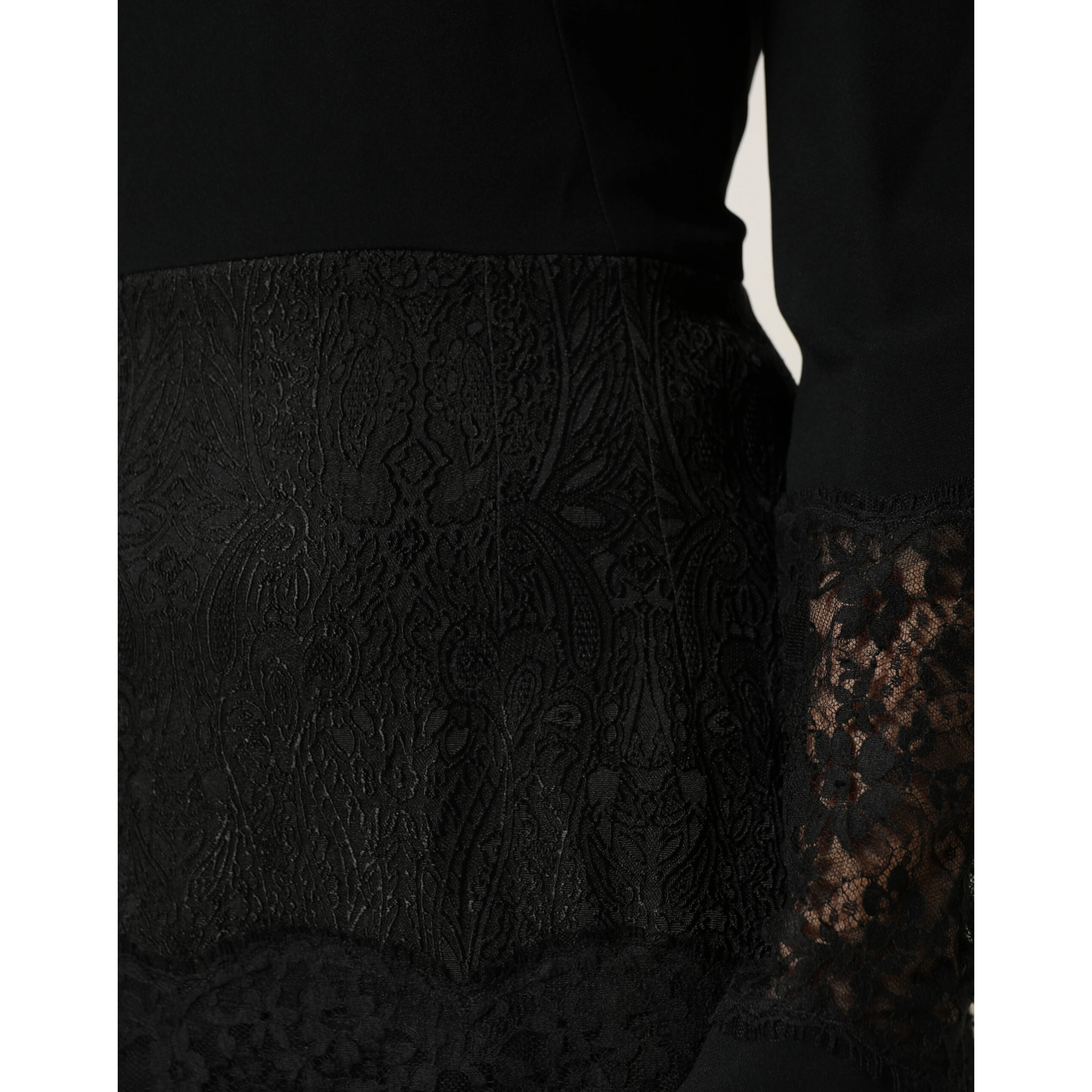 Black Lace Sheer Panel Midi Long Sleeve  Dress
