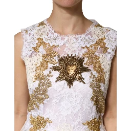 Ivory Lace Silk Embellished Sleeveless  Dress