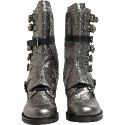 Metallic Leather Buckle Combat Boots Shoes
