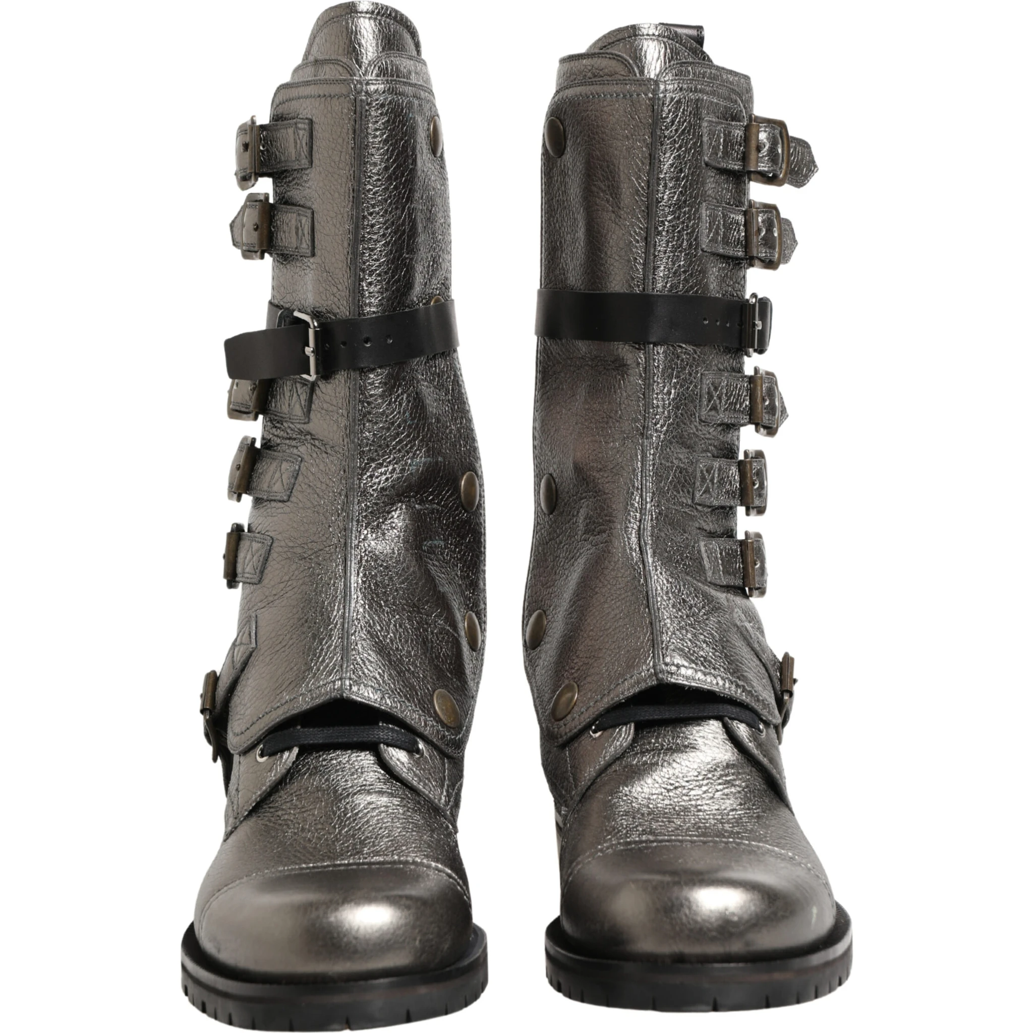 Metallic Leather Buckle Combat Boots Shoes