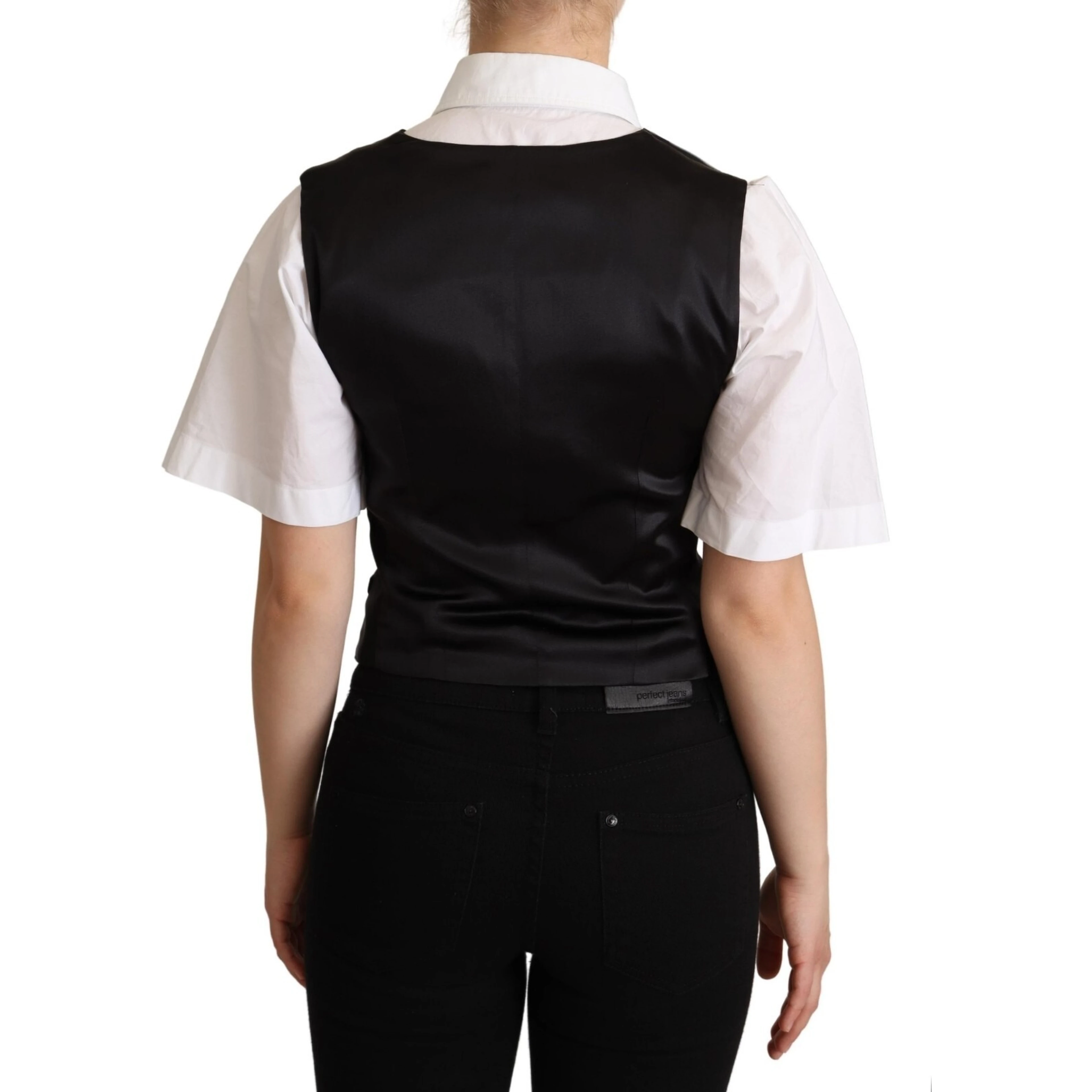 Solid Black Silk Sleeveless Waistcoat Vest Top