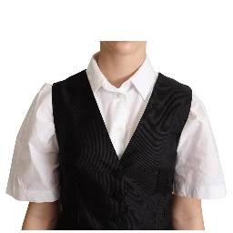 Solid Black Silk Sleeveless Waistcoat Vest Top