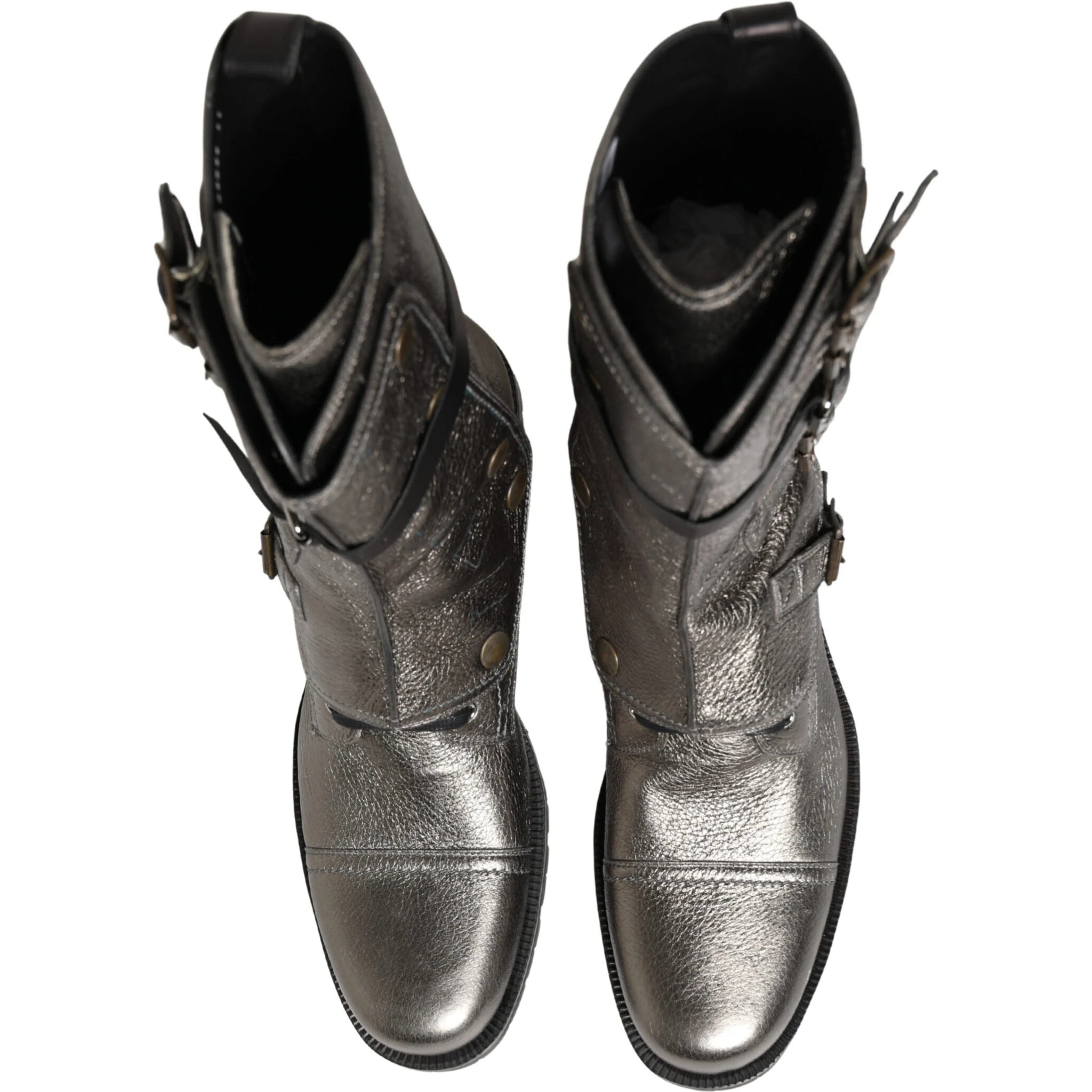 Metallic Leather Buckle Combat Boots Shoes