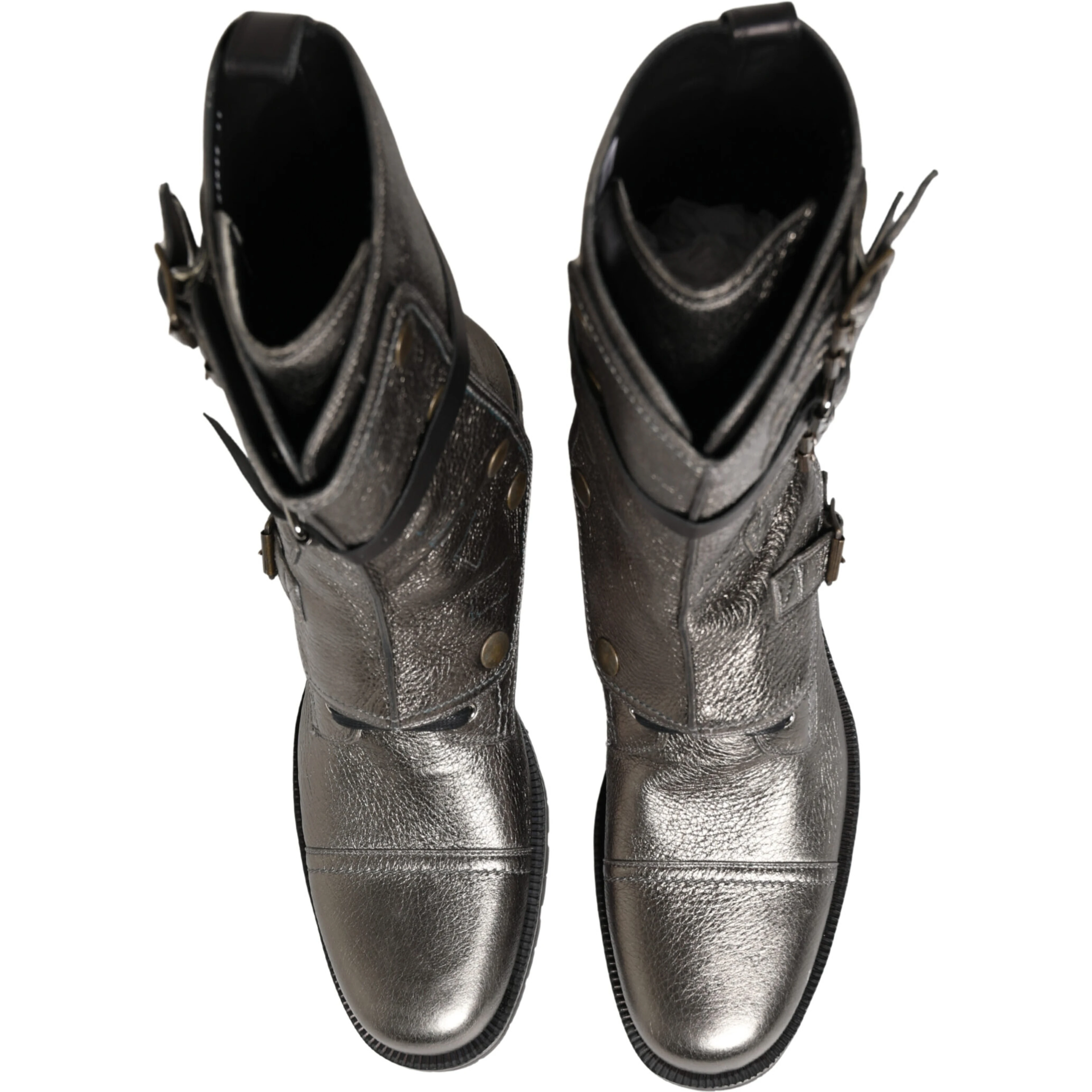 Metallic Leather Buckle Combat Boots Shoes