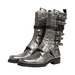 Metallic Leather Buckle Combat Boots Shoes