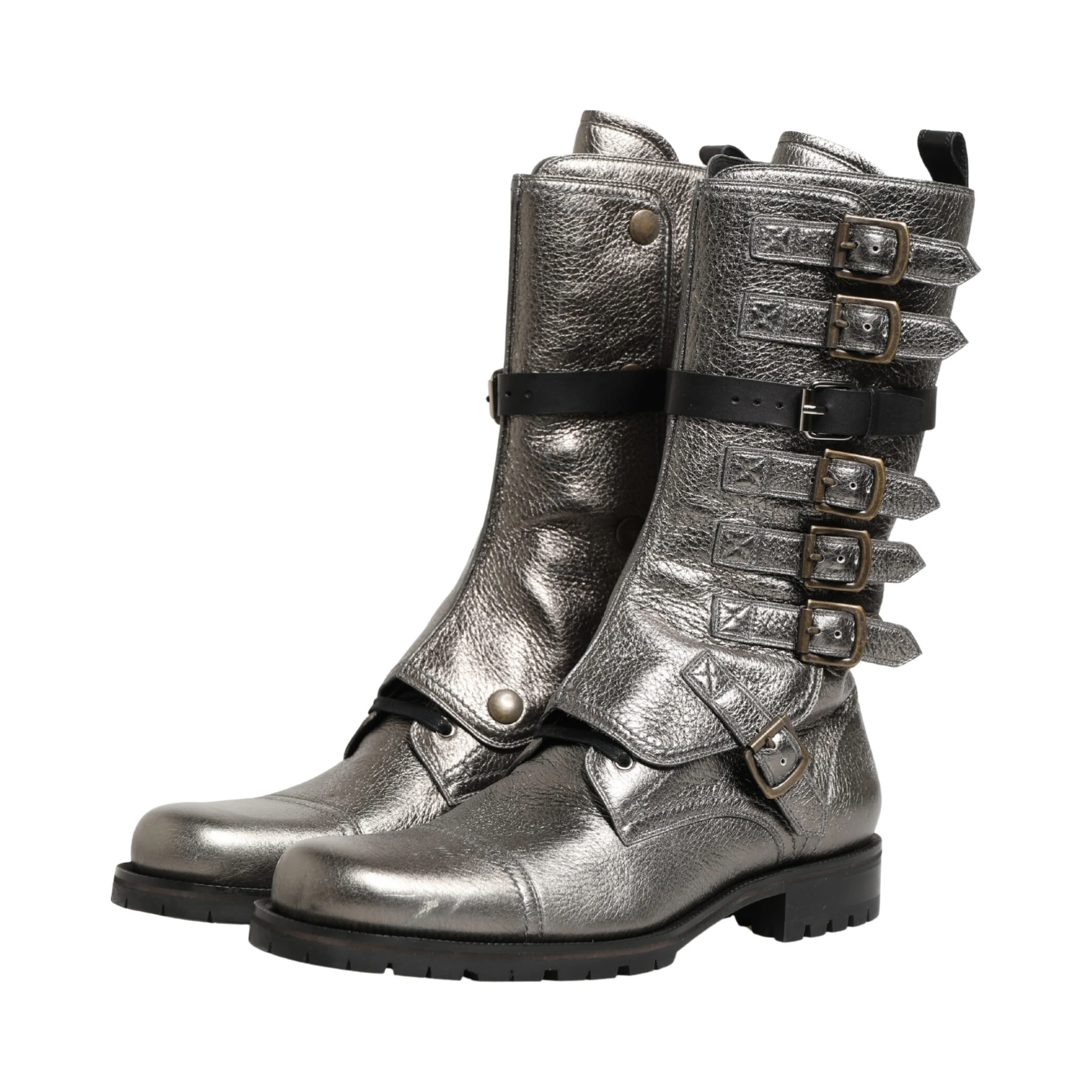 Metallic Leather Buckle Combat Boots Shoes