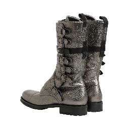 Metallic Leather Buckle Combat Boots Shoes