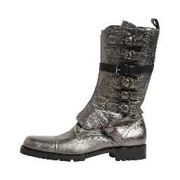 Metallic Leather Buckle Combat Boots Shoes
