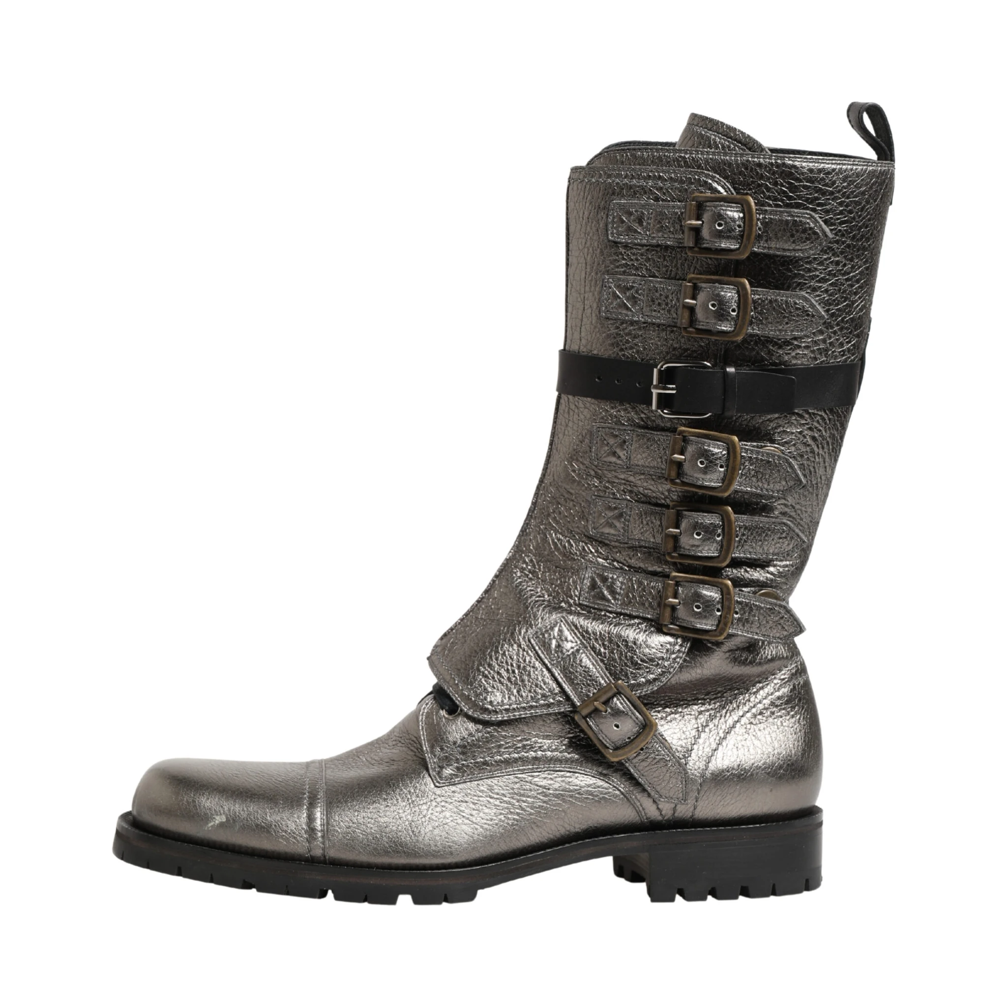 Metallic Leather Buckle Combat Boots Shoes