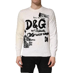White Virgin Wool Graphic Logo Crewneck Sweater