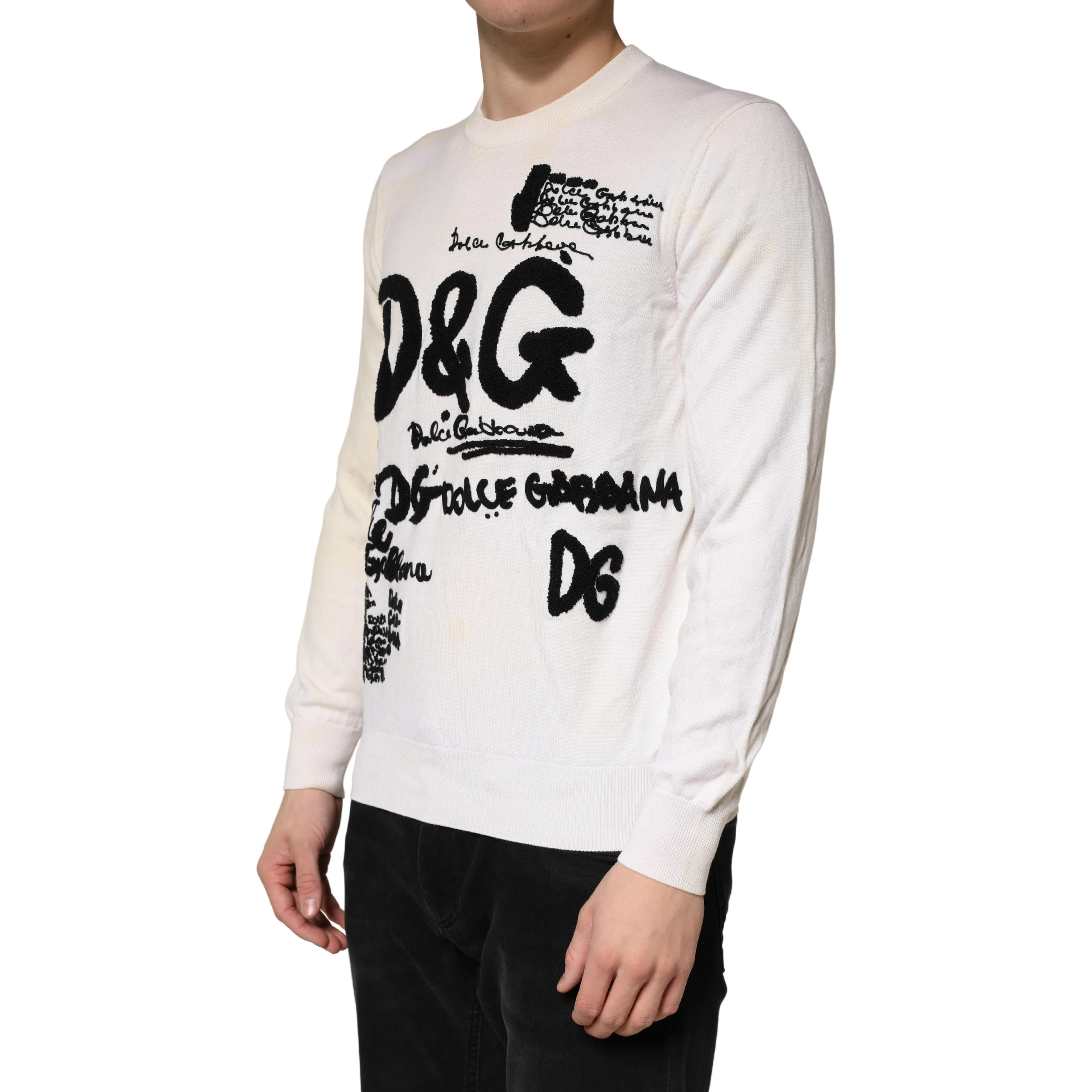 White Virgin Wool Graphic Logo Crewneck Sweater