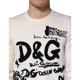 White Virgin Wool Graphic Logo Crewneck Sweater