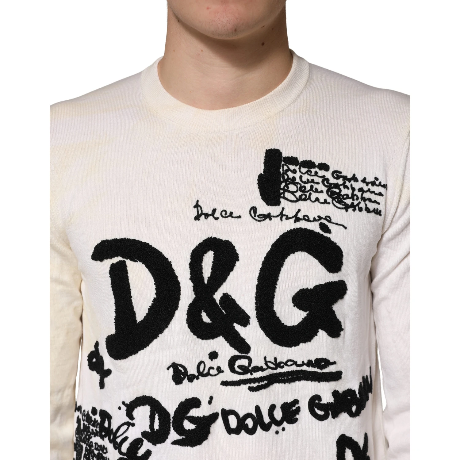 White Virgin Wool Graphic Logo Crewneck Sweater