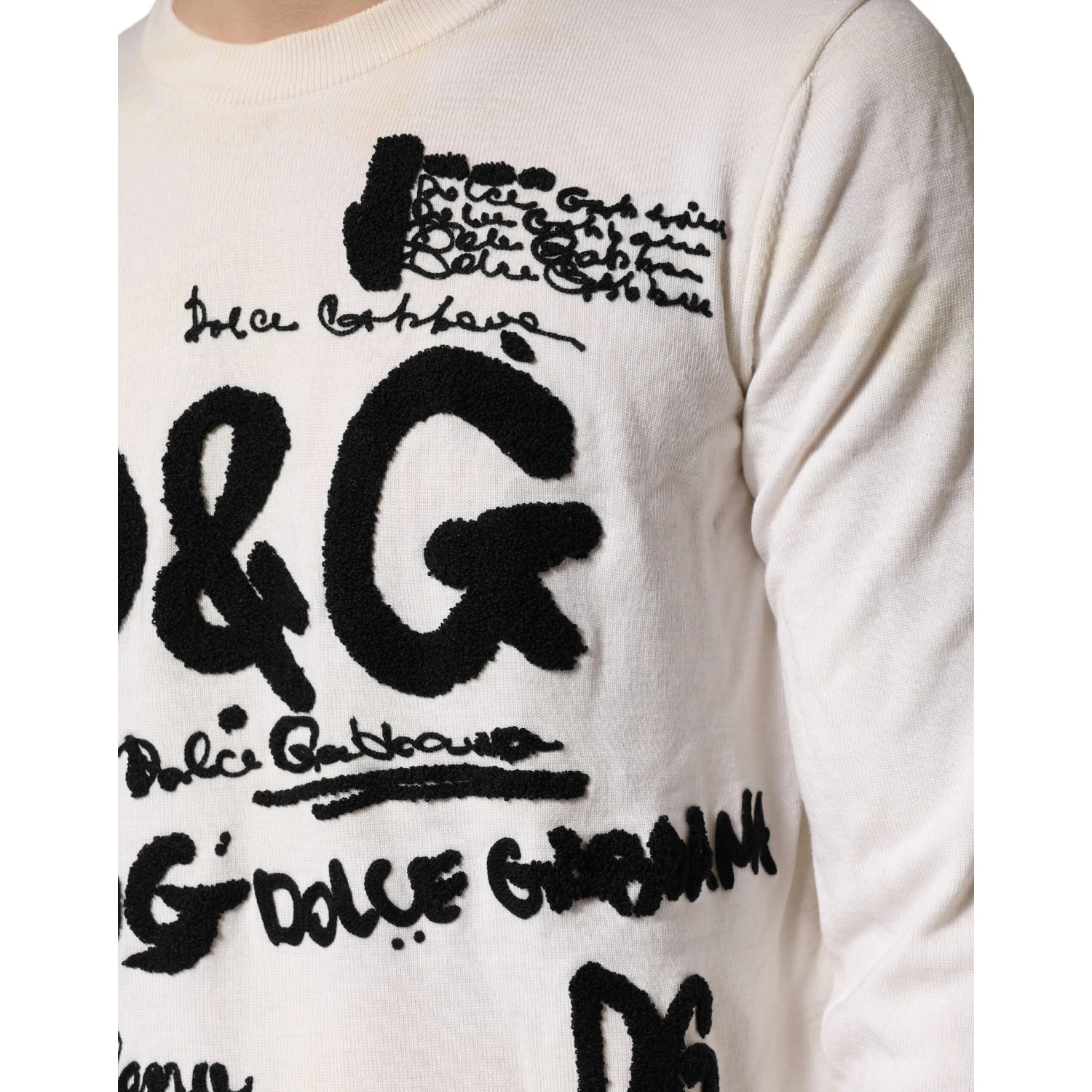 White Virgin Wool Graphic Logo Crewneck Sweater
