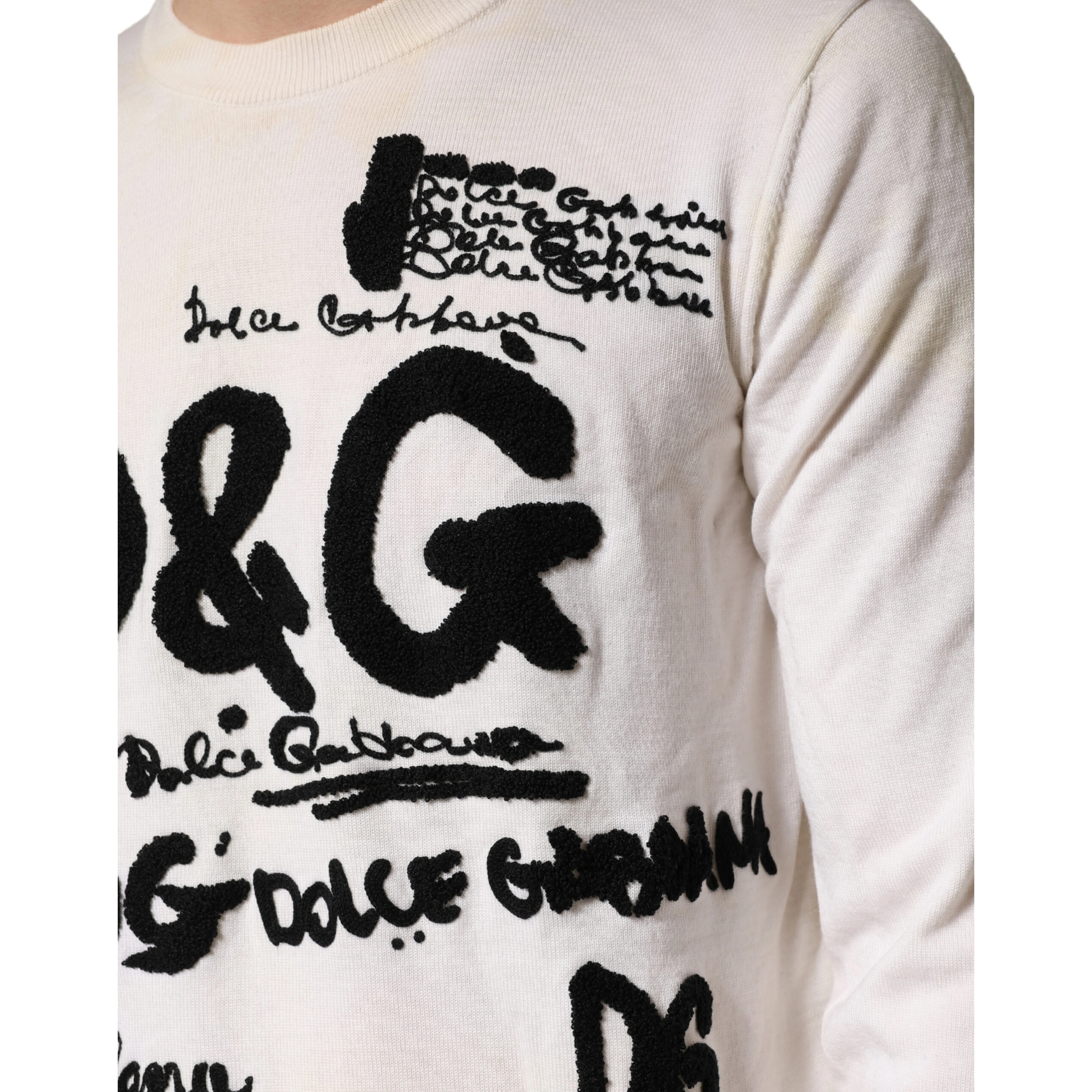 White Virgin Wool Graphic Logo Crewneck Sweater