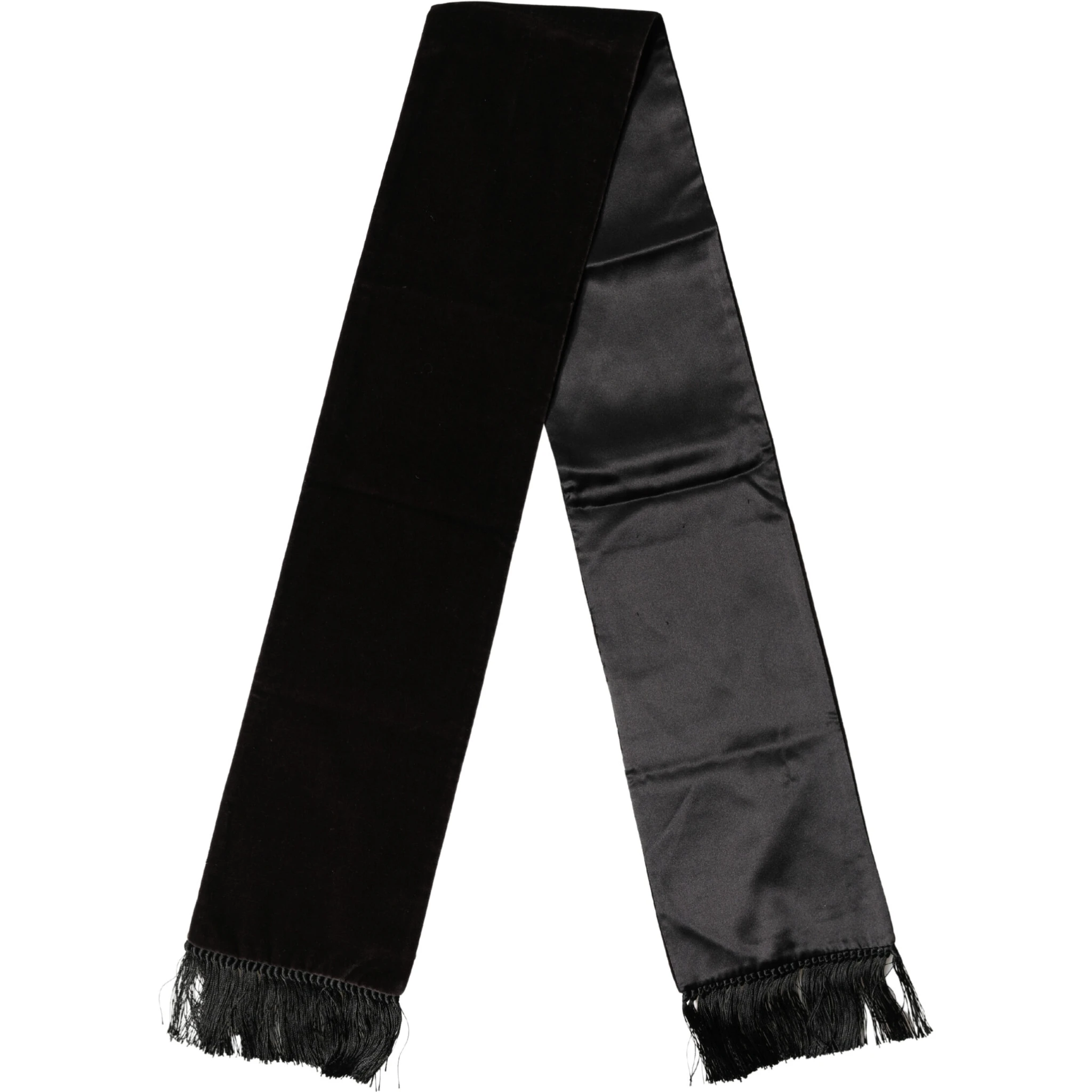 Black Silk Fringe Neck Wrap Foulard 139.5cm x 15.5cm Scarf