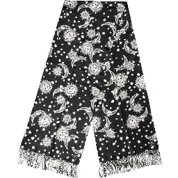 Black Silk Sun Moon Star Fringe Foulard 178cm X 33cm Scarf