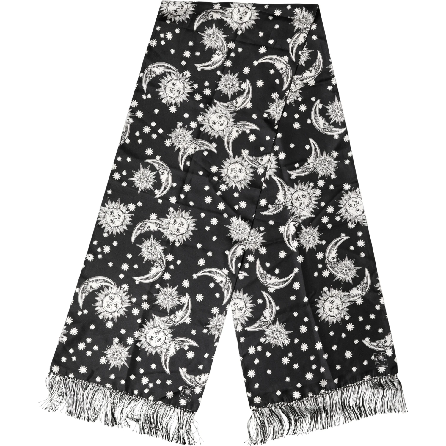 Black Silk Sun Moon Star Fringe Foulard 178cm X 33cm Scarf