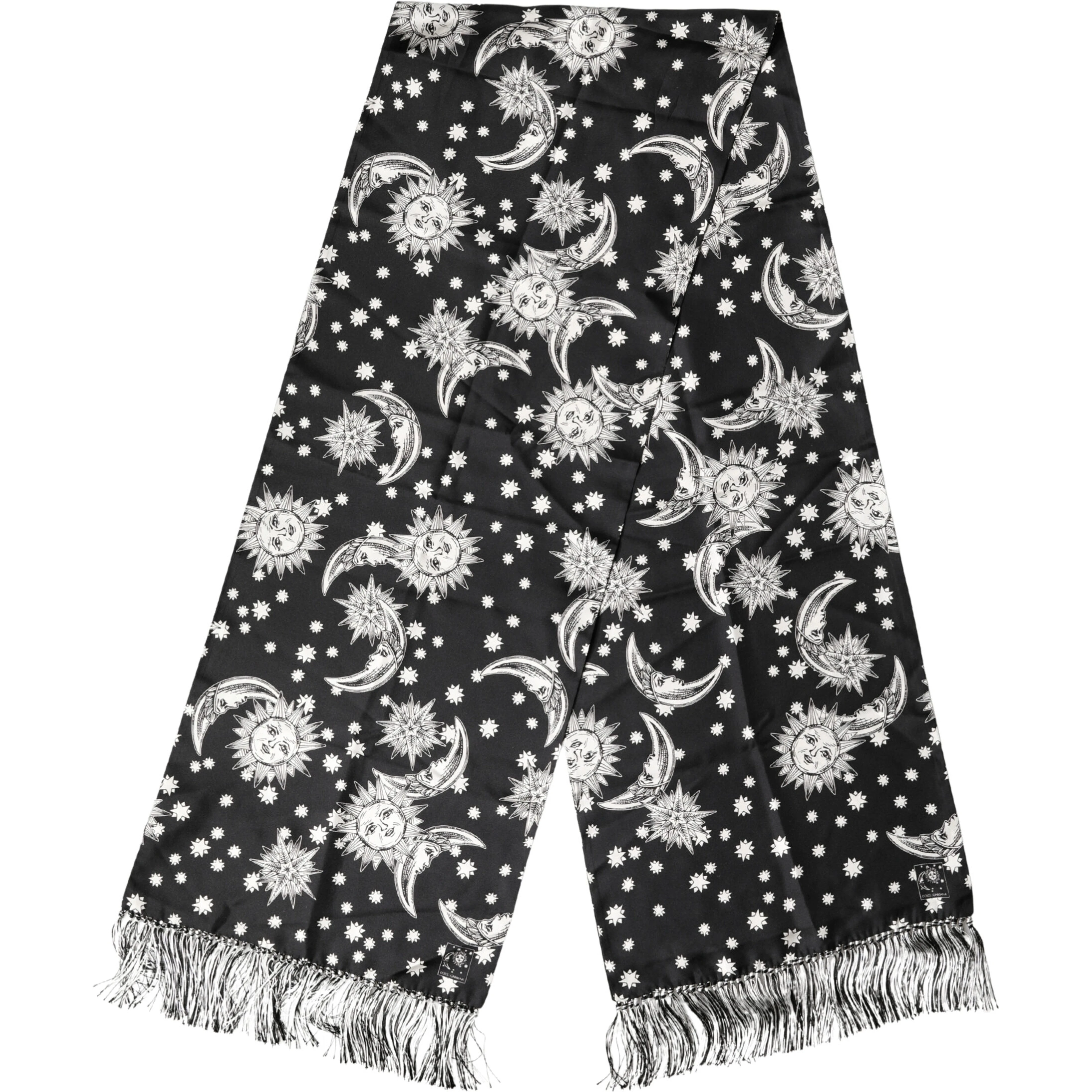 Black Silk Sun Moon Star Fringe Foulard 178cm X 33cm Scarf