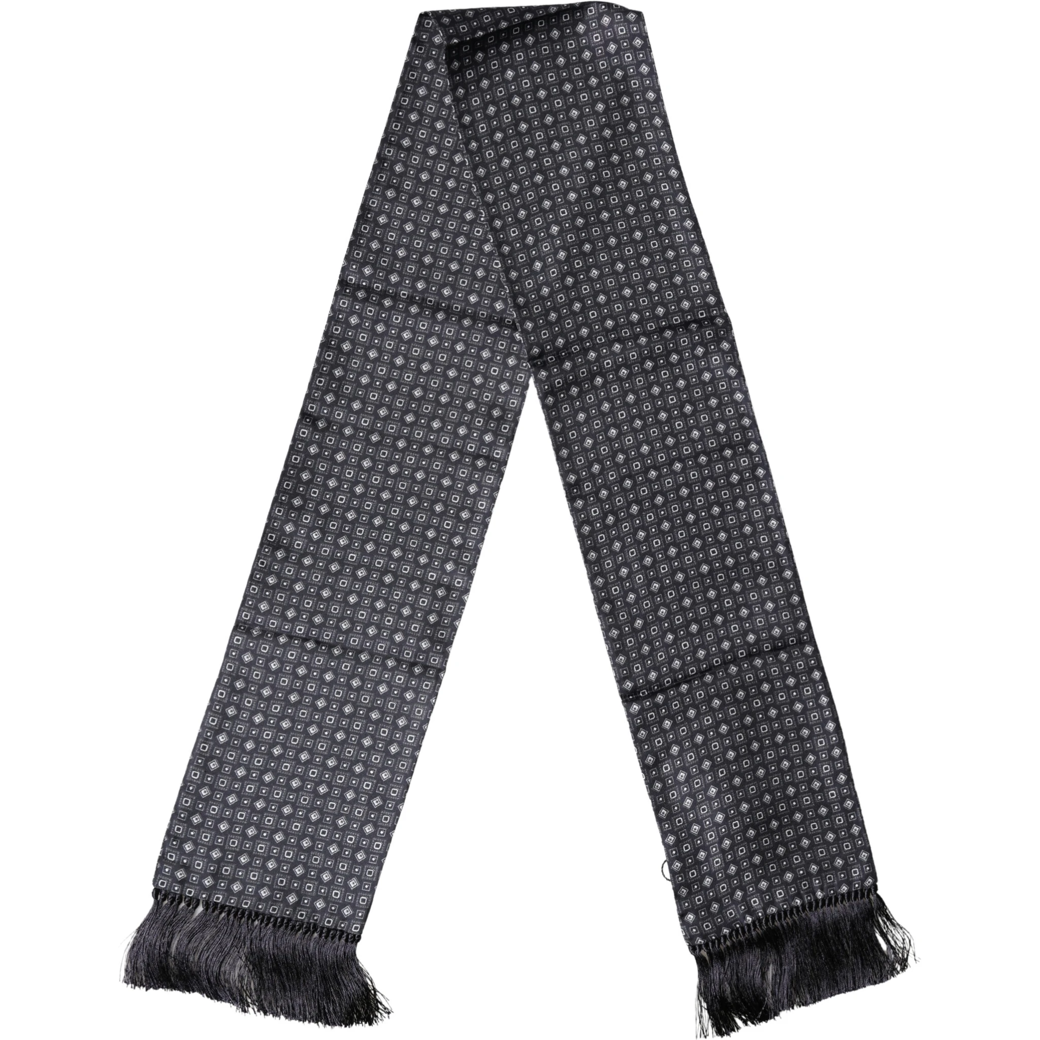 Black Silk Geometric Fringe Wrap Foulard 136cm X 15cm  Scarf
