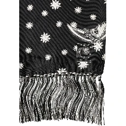 Black Silk Sun Moon Star Fringe Foulard 178cm X 33cm Scarf