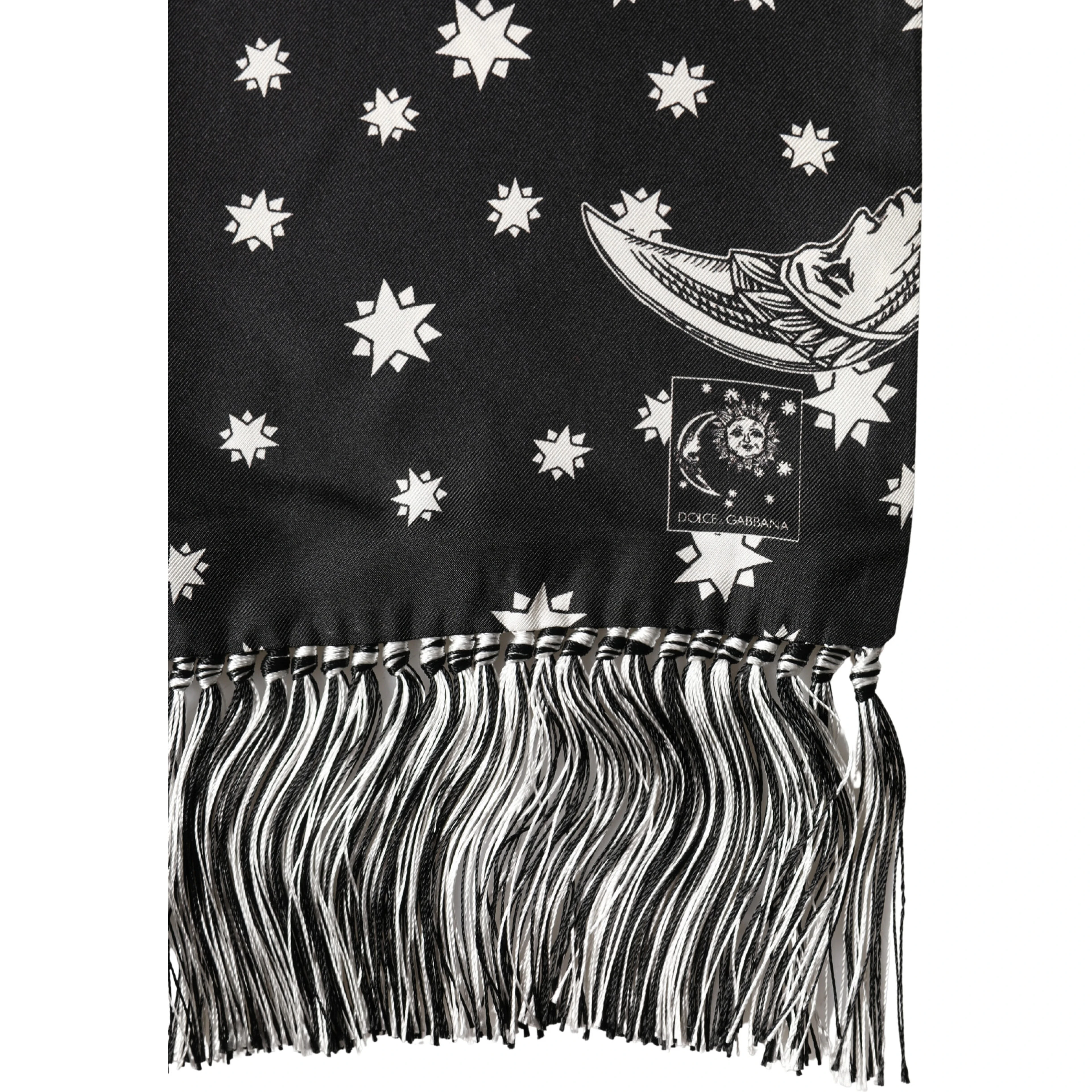 Black Silk Sun Moon Star Fringe Foulard 178cm X 33cm Scarf