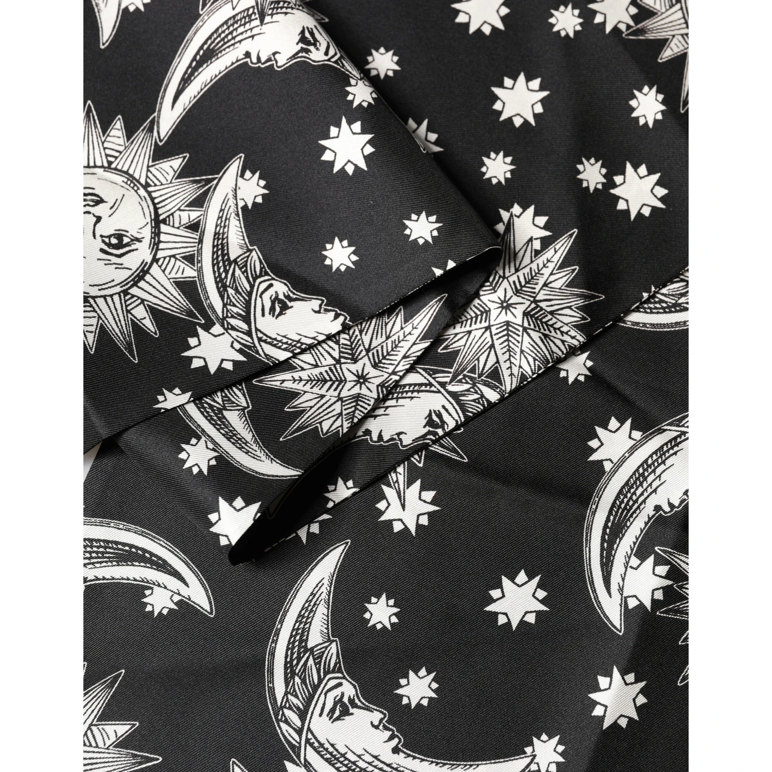 Black Silk Sun Moon Star Fringe Foulard 178cm X 33cm Scarf