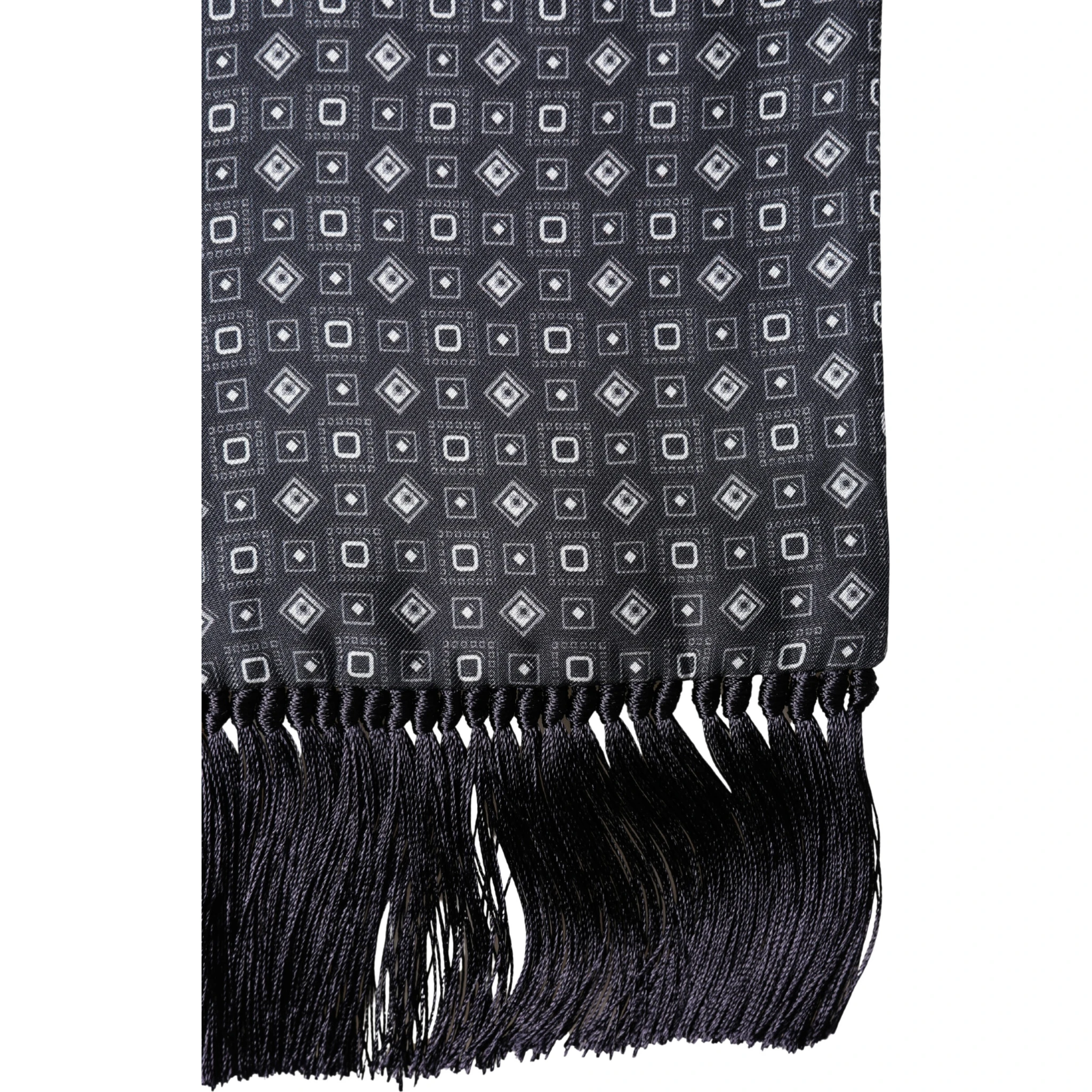 Black Silk Geometric Fringe Wrap Foulard 136cm X 15cm  Scarf