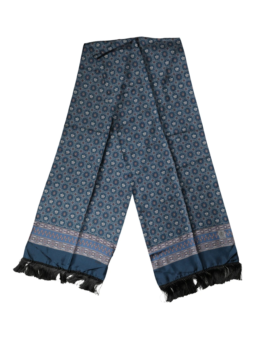 Blue Silk Crown Geometric Wrap Foulard 184cm X 33cm Scarf
