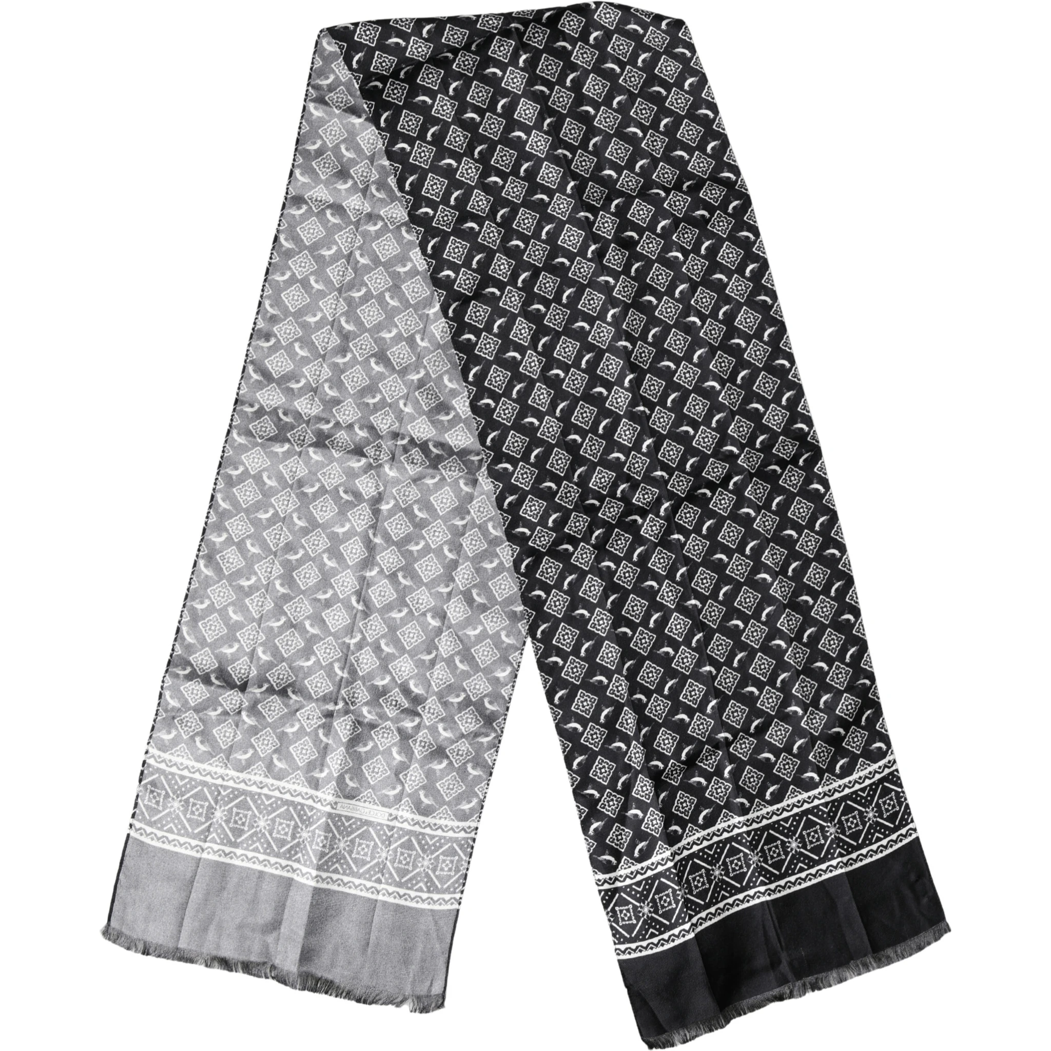 Black Gray Silk Bird Fringe Wrap Foulard 140cm X 23cm Scarf