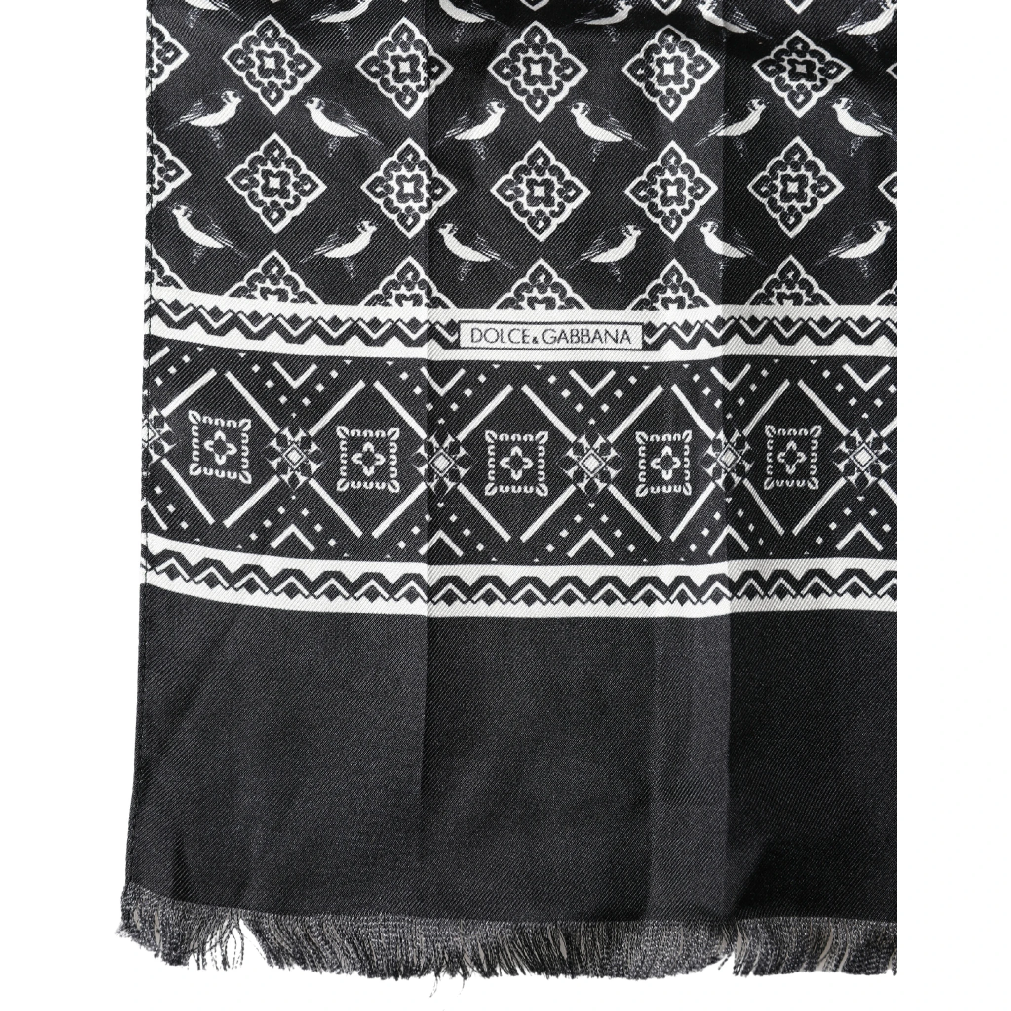 Black Gray Silk Bird Fringe Wrap Foulard 140cm X 23cm Scarf