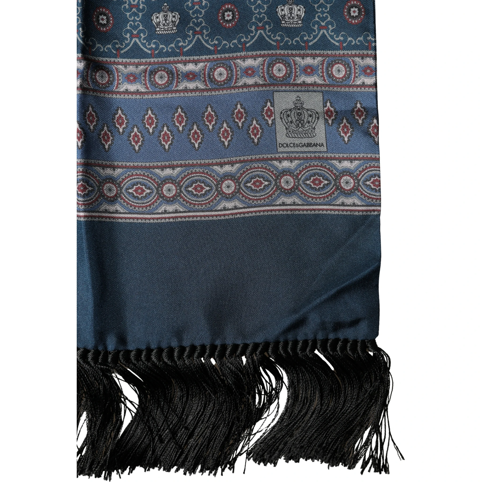 Blue Silk Crown Geometric Wrap Foulard 184cm X 33cm Scarf