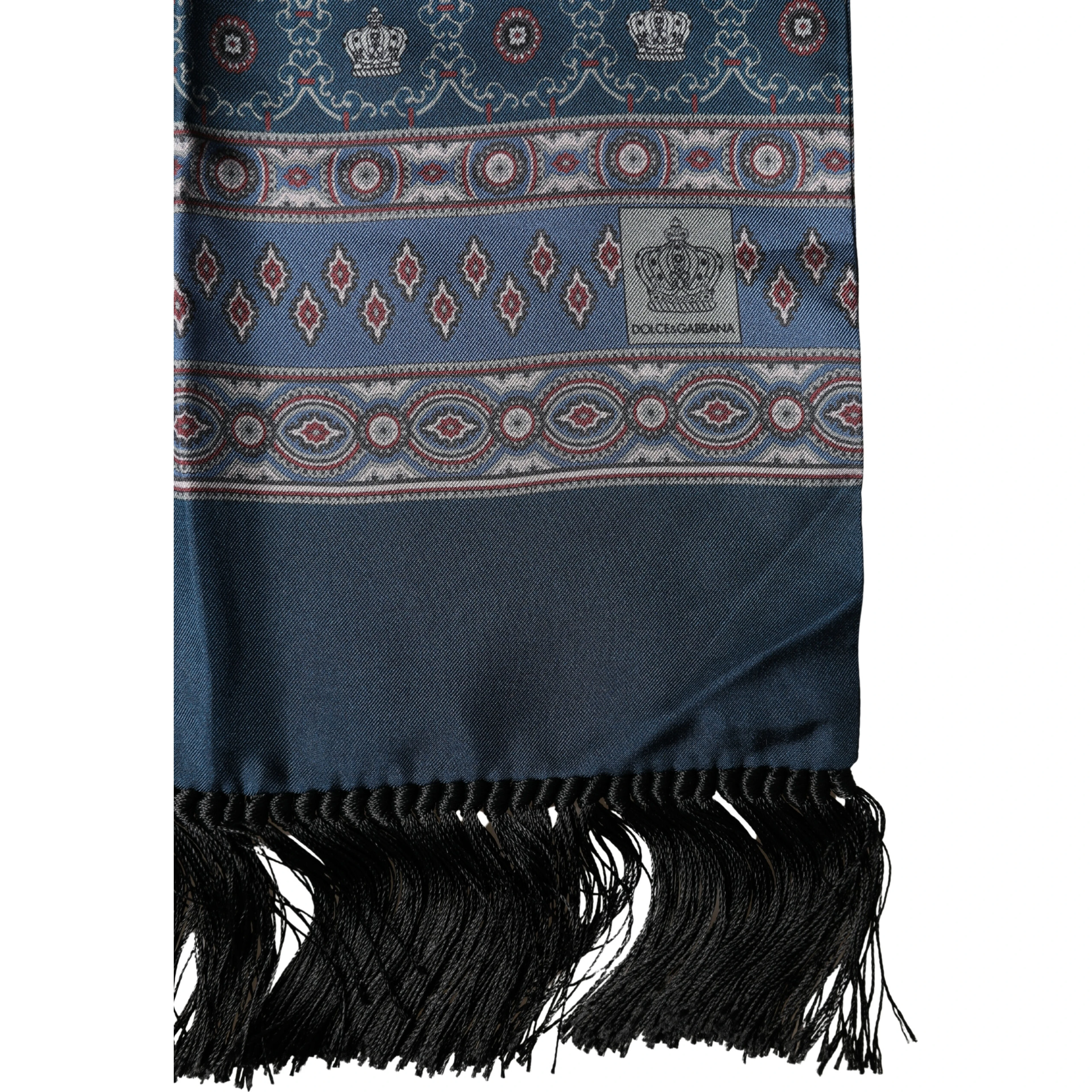 Blue Silk Crown Geometric Wrap Foulard 184cm X 33cm Scarf