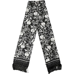 Black White Silk Floral Print Fringe 136cm X 15.5cm  Scarf