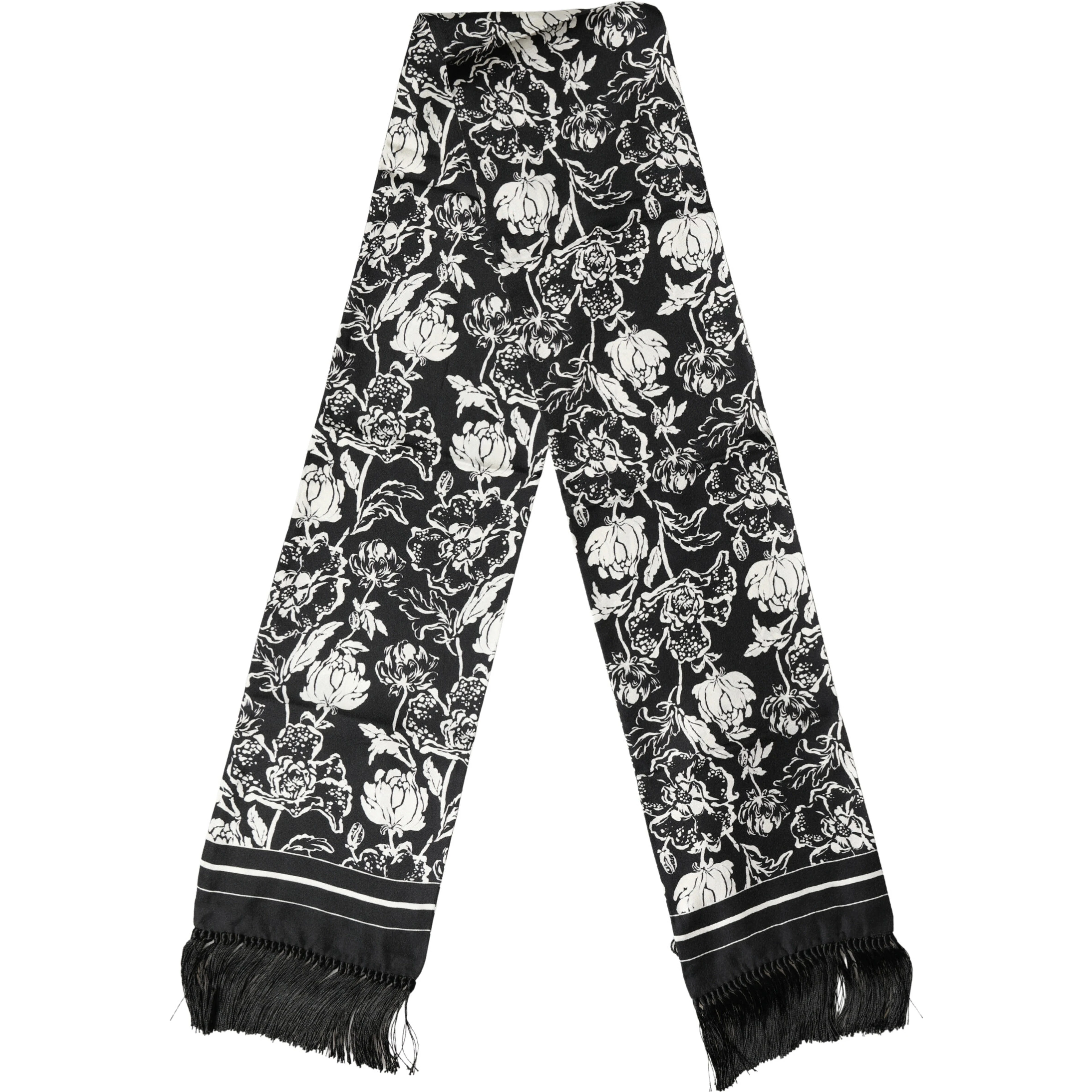 Black White Silk Floral Print Fringe 136cm X 15.5cm  Scarf