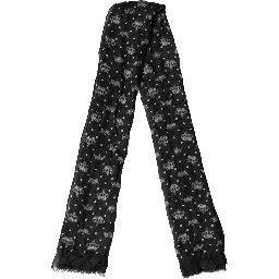 Black Wool Crown Print Fringe Neck Wrap 180cm x 65cm Scarf