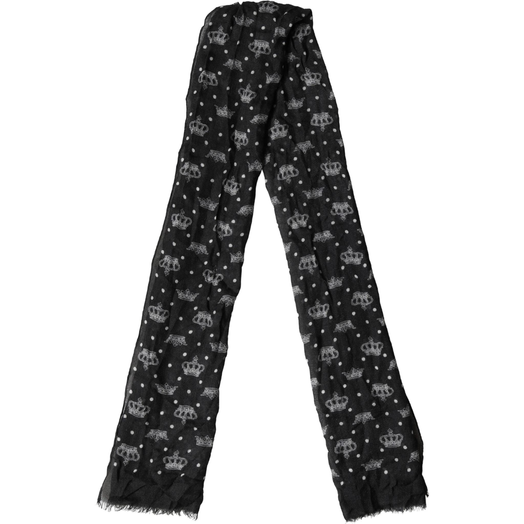 Black Wool Crown Print Fringe Neck Wrap 180cm x 65cm Scarf