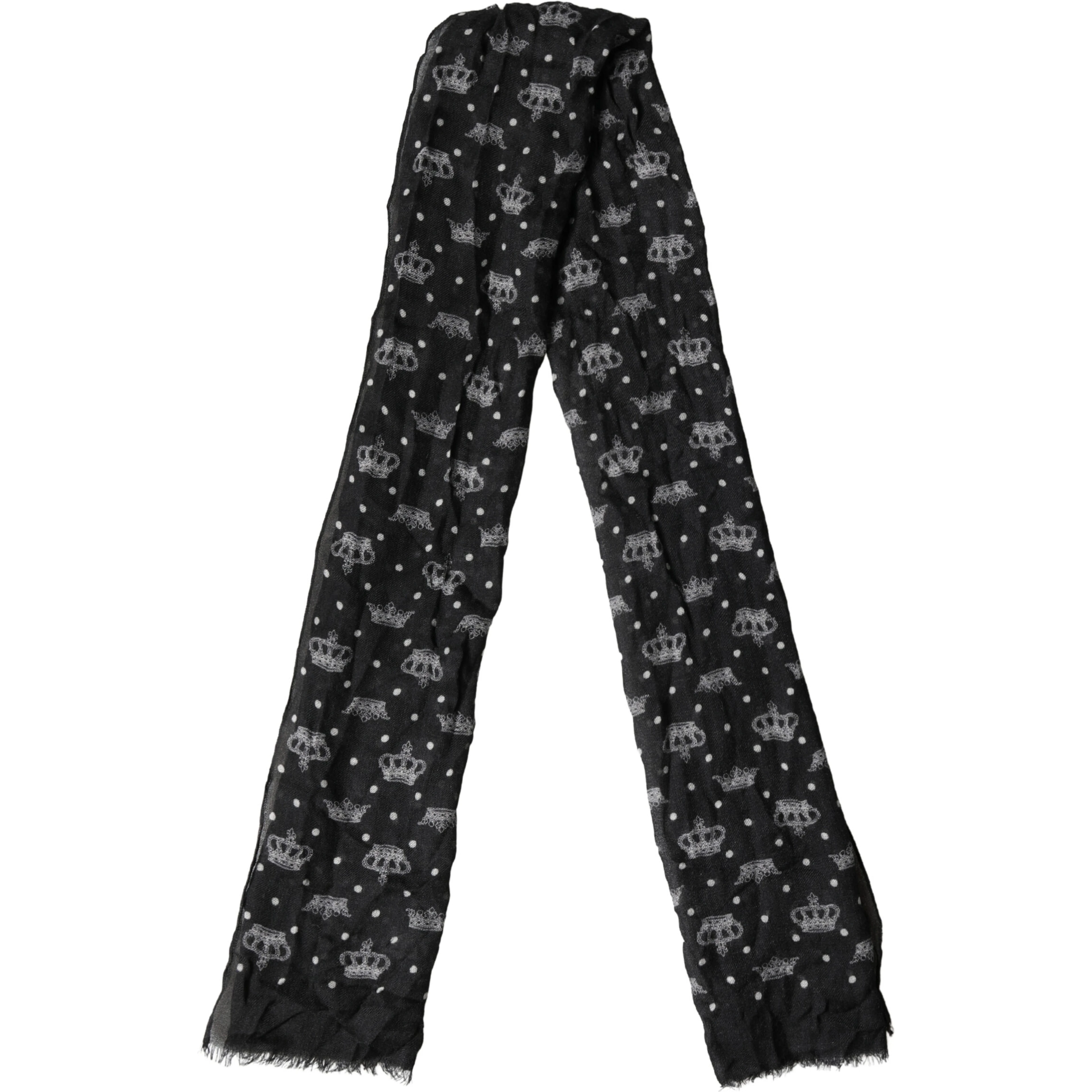 Black Wool Crown Print Fringe Neck Wrap 180cm x 65cm Scarf