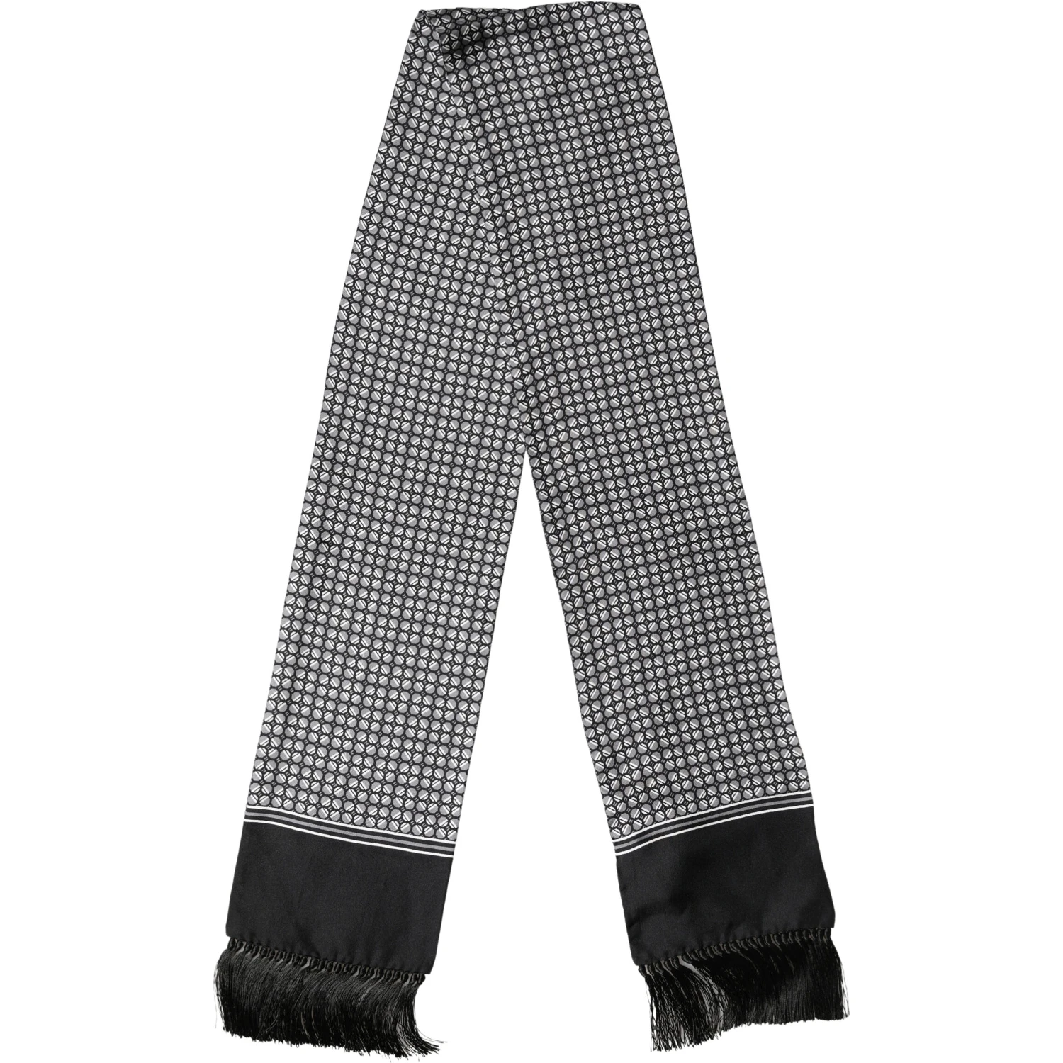 Black Silk Geometric Fringed Foulard 140cm x 15cm Scarf