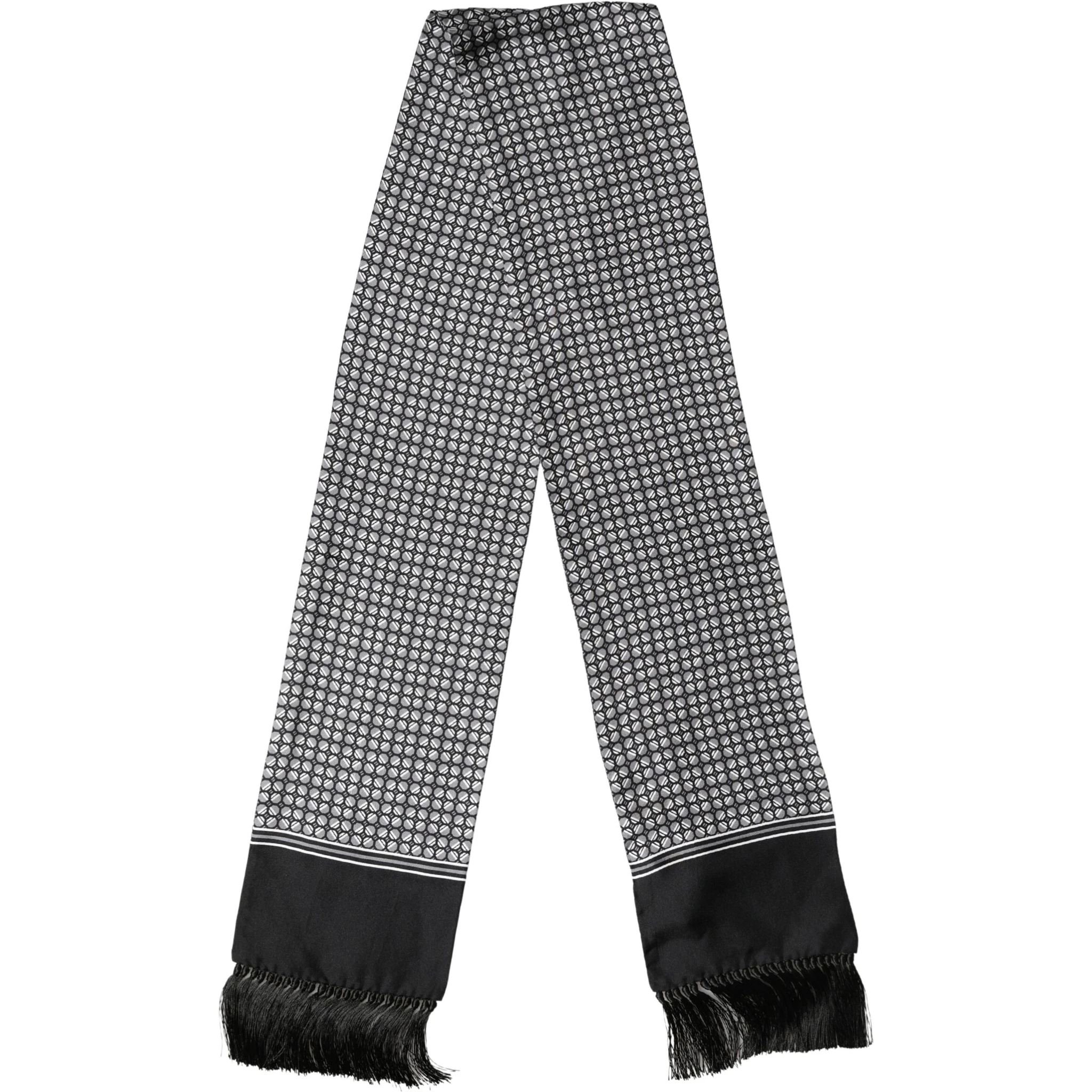 Black Silk Geometric Fringed Foulard 140cm x 15cm Scarf